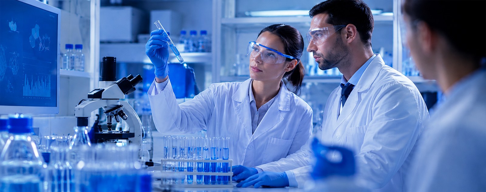 Baisifu scientists analyzing WS-series cooling agent samples in the application laboratory with microscope and test tubes