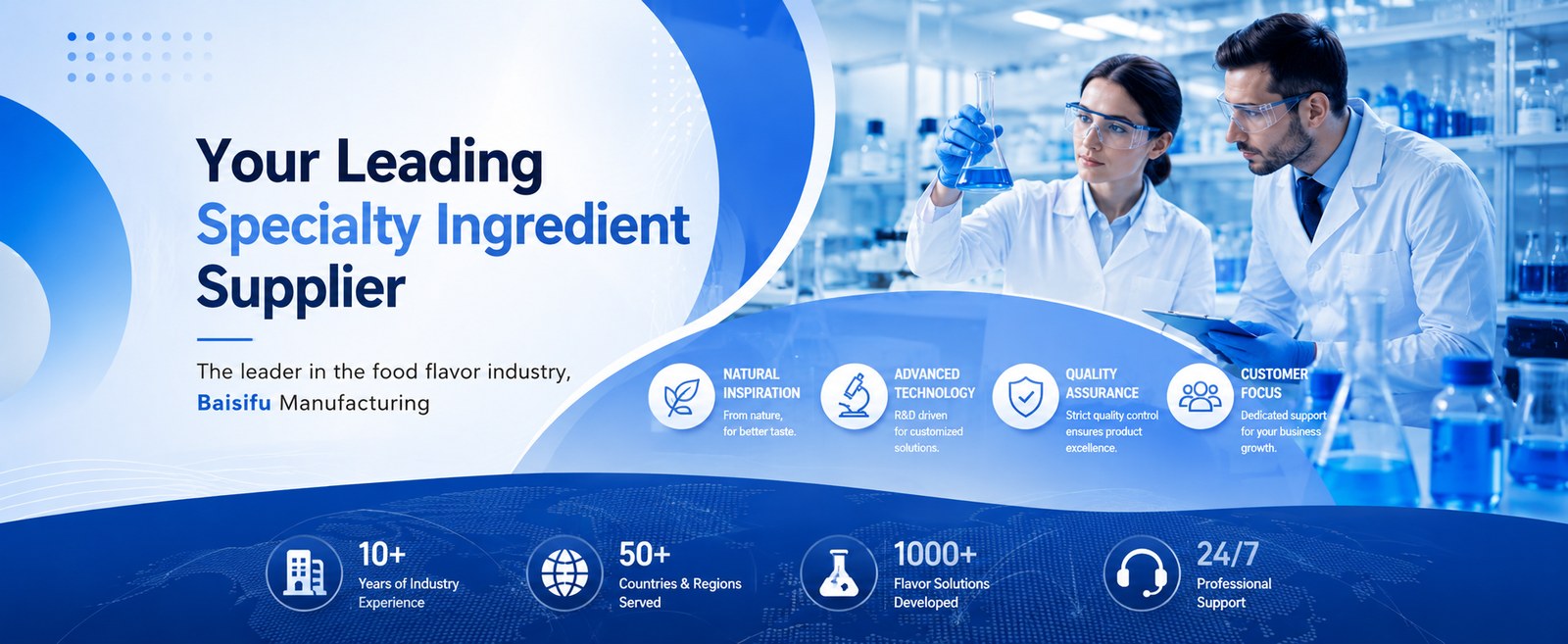 Baisifu at a glance: 10+ years of industry experience, 50+ countries and regions served, 1000+ flavor solutions developed, 24/7 professional support - natural inspiration, advanced technology, quality assurance, customer focus